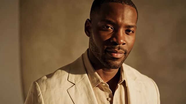 Confident man in white suit walking through sunlit room with a warm smile