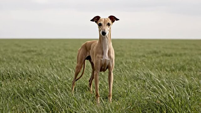 Graceful sighthound dog stands alertly in a wide open green field under a light sky