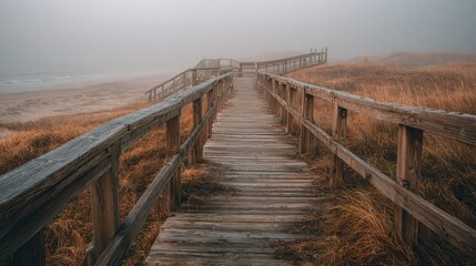 Obraz premium Serene Wooden Boardwalk Leading to the Foggy Shoreline with Golden Grass and Tranquil Atmosphere