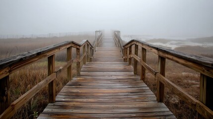 Lifting Wooden Boardwalk in Misty Foggy Environment with Grass and Water in Background