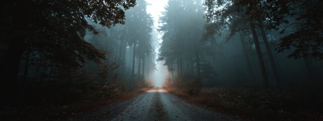 Enigmatic Road Leading Into a Misty Forest with Deep Shadows and Intriguing Perspective