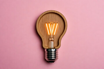 Light bulb wooden with glowing filament on pink background, creative idea concept featuring innovation, inspiration, energy with electricity and illumination elements for lamp, lighting projects,