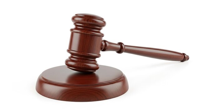Judge&rsquo;s wooden gavel with stand isolated on white background representing law, justice, and adjudication concept
