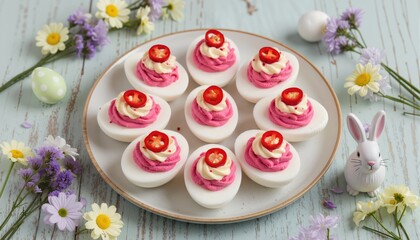 Stuffed Pink Deviled Eggs with  pepper and mayonnaise colored with beetroot. Easter food concept, spring flowers, easter bunny. Top view.
