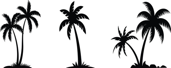 Naklejka premium Palm tree silhouette icons set featuring tropical vegetation designs with curved trunks and fronds, black vector illustration for beach, island, summer, vacation artwork