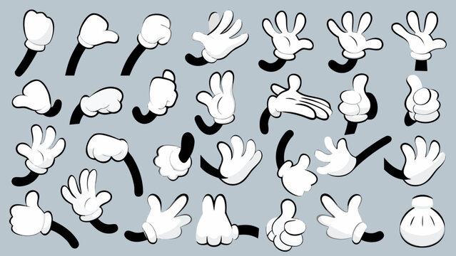 Collection of cartoon white gloves in various hand gestures