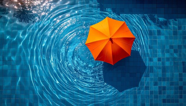 Fiery orange umbrella open over sapphire blue swimming pool