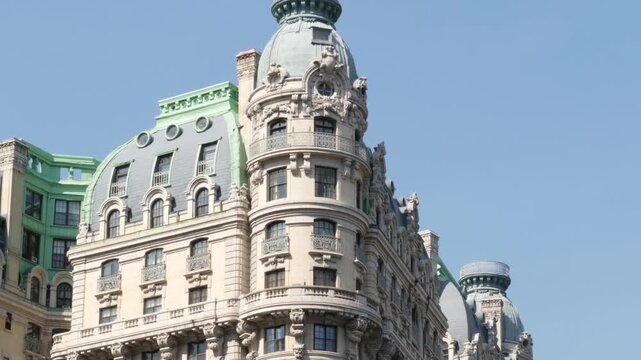 New York City Manhattan Broadway street Ansonia building 1904, United States of America. Hotel or condos in Upper West Side. Old historic condominiums architecture, green cooper patina on roof in USA.