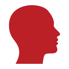 Silhouette of a human head profile in solid vibrant red color against a stark white background representing abstract thought identity and mental concepts with a clean minimalist