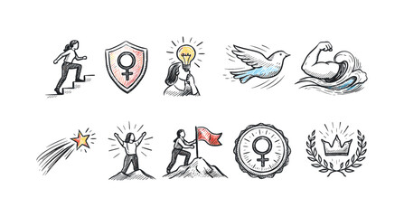 Empowerment, achievements filled icon set. Motivation, success symbols collection