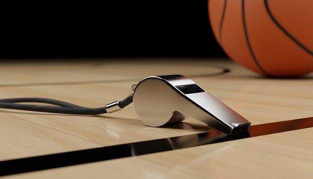 A gleaming referee whistle and basketball on a polished court, symbolizing the competitive March Madness season concept and sportsmanship