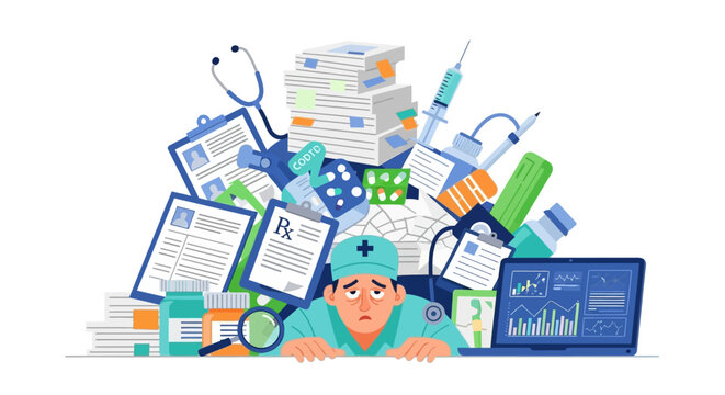 Healthcare Professional Burnout: Stressed Doctor Under Pile of Medical Paperwork and Supplies
