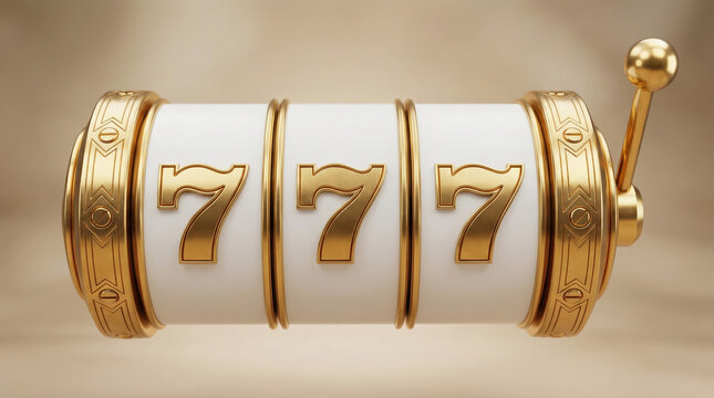 Golden slot machine reels showing a lucky triple seven jackpot on a clean neutral background.
