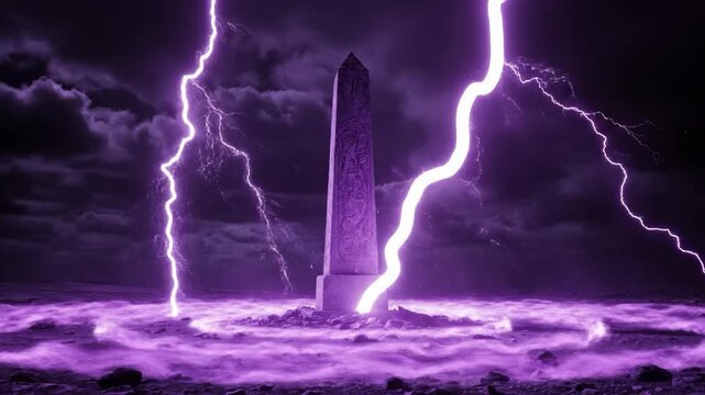 A dramatic image showcasing a monolith being struck by vibrant purple lightning. Ideal for illustrating power, mystery, or dramatic storytelling, and 