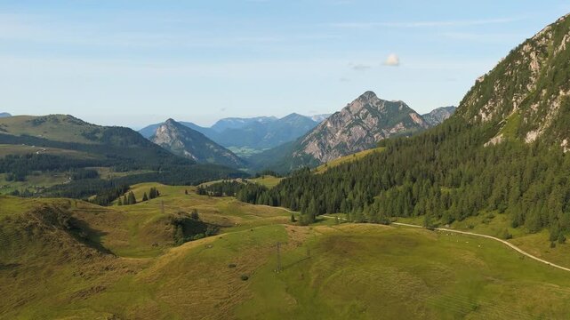 Aerial view of Postalm plateau with Rinnkogel and Sparber mountains in Dachstein Alps, Austria