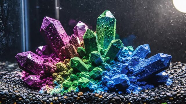 Rainbow crystals with water droplets and mystical smoke over a bed of black gravel in a dark setting