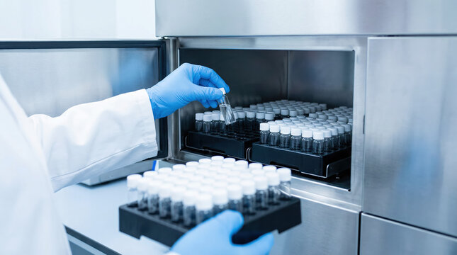 Scientist in blue gloves placing medical sample vials into a laboratory storage refrigerator for research.