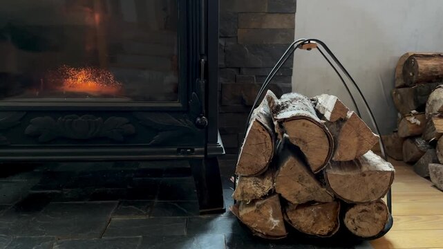 Hand stacking firewood in metal log carrier next to fireplace insert, storing wood logs indoors for home heating in winter