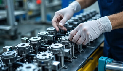 Close up hands of worker wearing gloves assembles machine components on a modern industrial production line.