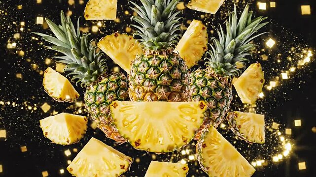 Multiple fresh pineapples and slices with golden glitter on black