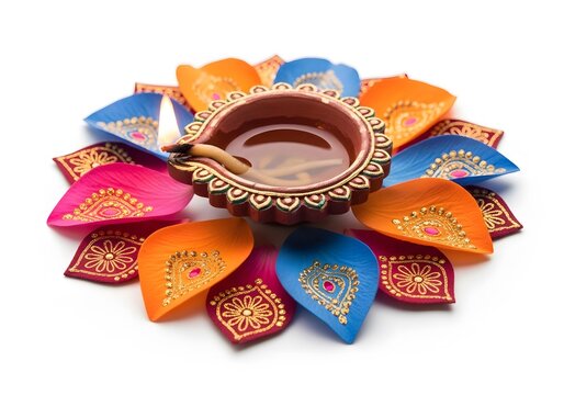 Traditional indian diwali diya oil lamp surrounded by colorful decorated petals