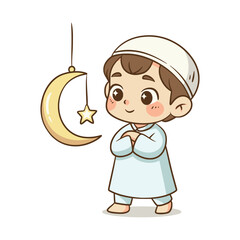 Cute Muslim boy standing with moon and star hanging decoration illustration