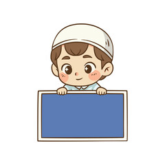 Muslim boy holding empty blue horizontal board banner for message text