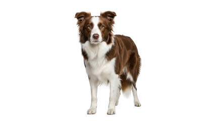 Isolated Border Collie dog with brown and white fur standing and looking straight ahead