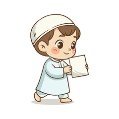 Little Muslim boy walking and holding blank white paper or letter