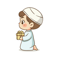 Young Muslim boy kneeling while holding a yellow gift box present