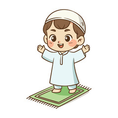 Happy Muslim boy standing on green prayer mat with raised hands