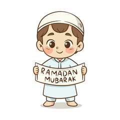 Muslim boy character holding Ramadan Mubarak sign banner for Islamic holiday
