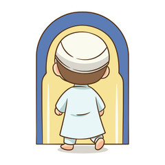 Back view of Muslim boy walking through blue and yellow archway