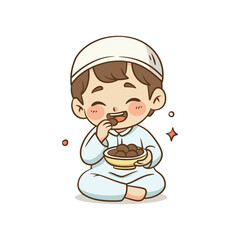 Young Muslim boy sitting and eating dates from a bowl illustration
