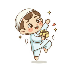 Joyful Muslim boy jumping and holding yellow gift box with stars