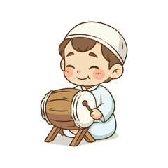 Little Muslim boy sitting and playing traditional Bedug drum with stick