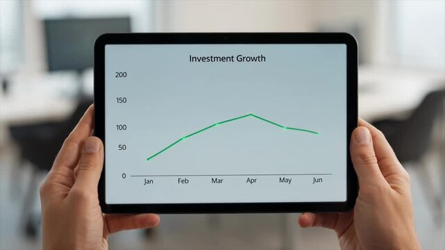 Person holding a tablet displaying an investment growth chart with monthly data, indicating financial planning and market analysis for business strategy and economic review