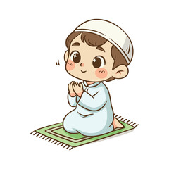 Pious Muslim boy kneeling on prayer mat in deep supplication prayer