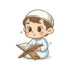 Muslim boy character sitting and reading holy book Quran on stand