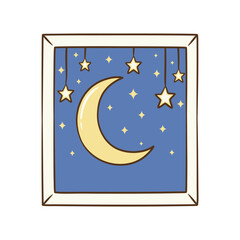 Night sky window view with crescent moon and hanging gold stars