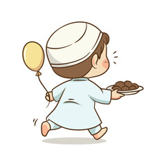 Little Muslim boy running while holding a balloon and plate of dates