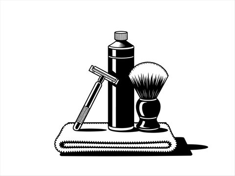 Classic shaving kit silhouette with razor, canister, brush, and towel, vintage grooming design.