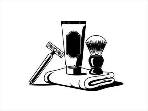 Classic shaving kit silhouette with razor, tube, brush, and towel, bold minimal design.