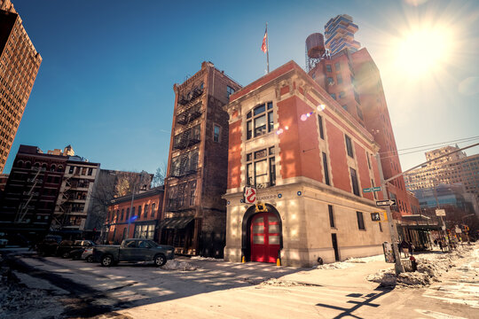 View of the historic Hook & Ladder 8 Company Firehouse, also known as the Ghostbusters Headquarters, in New York City on a sunny but cold winter day