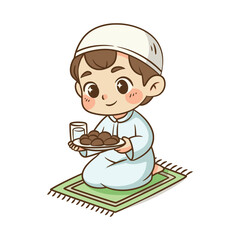 Muslim boy sitting on prayer mat holding dates for Iftar breaking fast