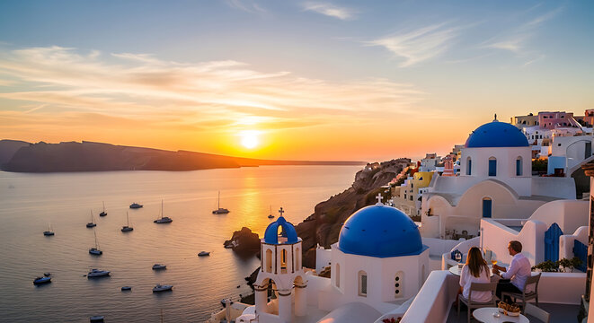 Breathtaking scenic twilight panorama overlooking traditional whitewashed architecture in Oia Santorini during golden hour sunset over Aegean sea Greek island Mediterranean travel destination