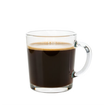 A clear glass mug filled with hot black coffee on a white background