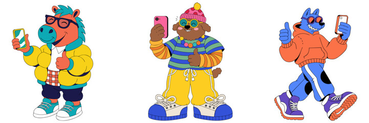 A happy chubby Dog, Horse and Wolf capturing a fun selfie moment, wearing sunglasses and giving thumbs up, bright and colorful vector style.