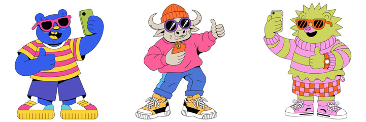 Smiling chubby cartoon Bear, Buffalo and Hedgehog posing confidently for a selfie with cool shades and thumbs up, rendered in crisp vector graphics