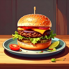 Delicious burger stacked high with fresh toppings on a plate, sitting on a wooden table with a dark background